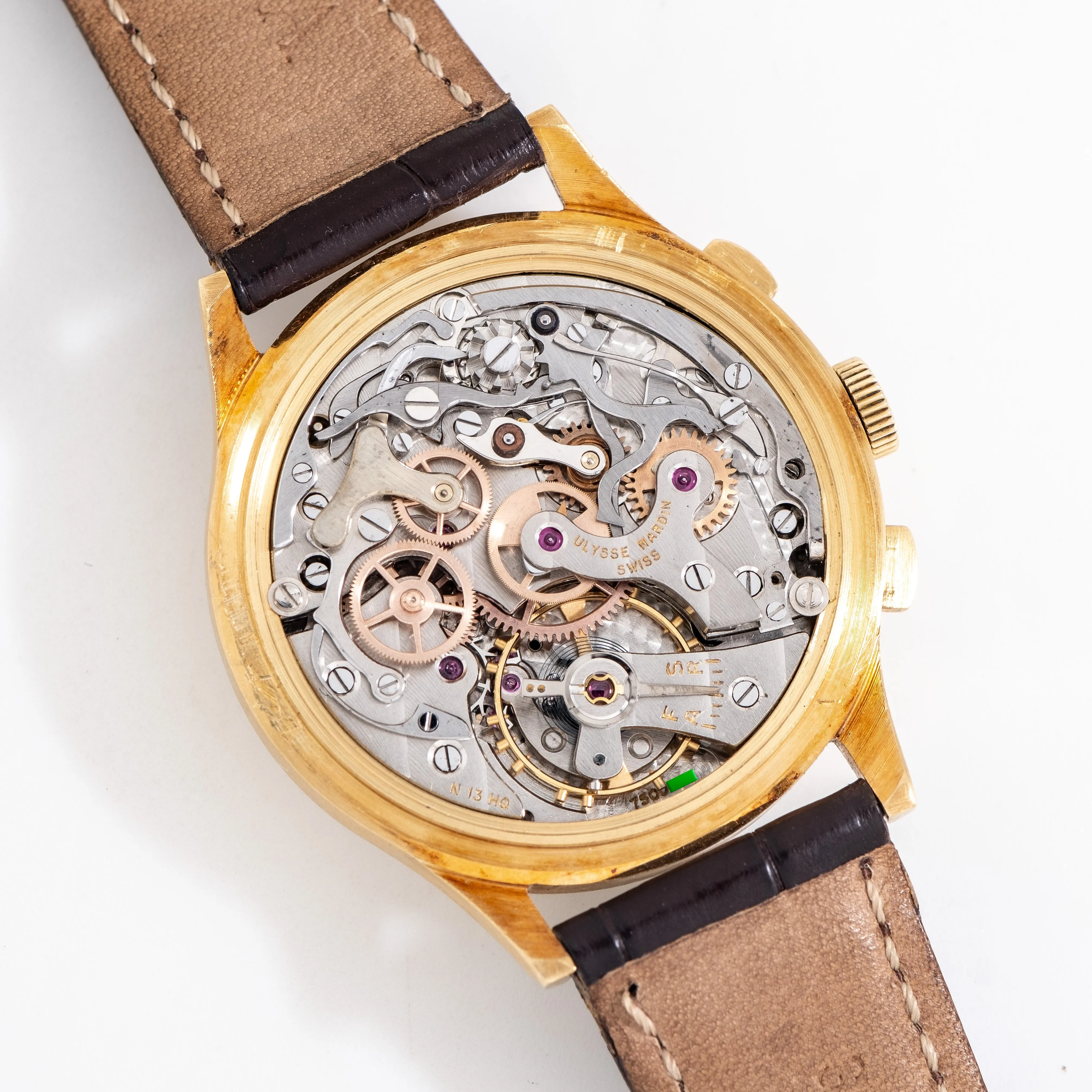 1960's Vintage Ulysse Nardin Valjoux 72 Chronograph w/ Box 18k Yellow Gold Watch (# 15281)