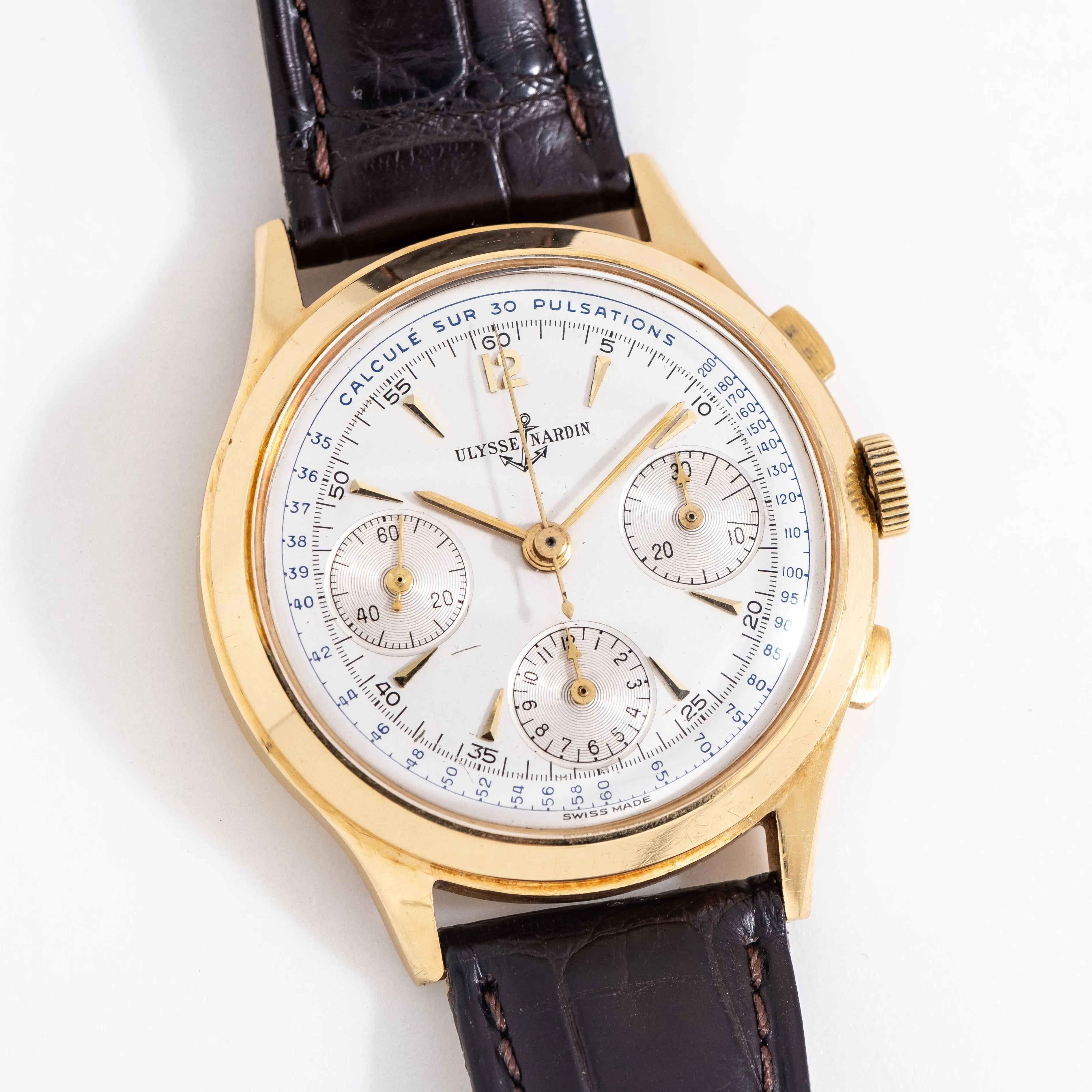 1960's Vintage Ulysse Nardin Valjoux 72 Chronograph w/ Box 18k Yellow Gold Watch (# 15281)