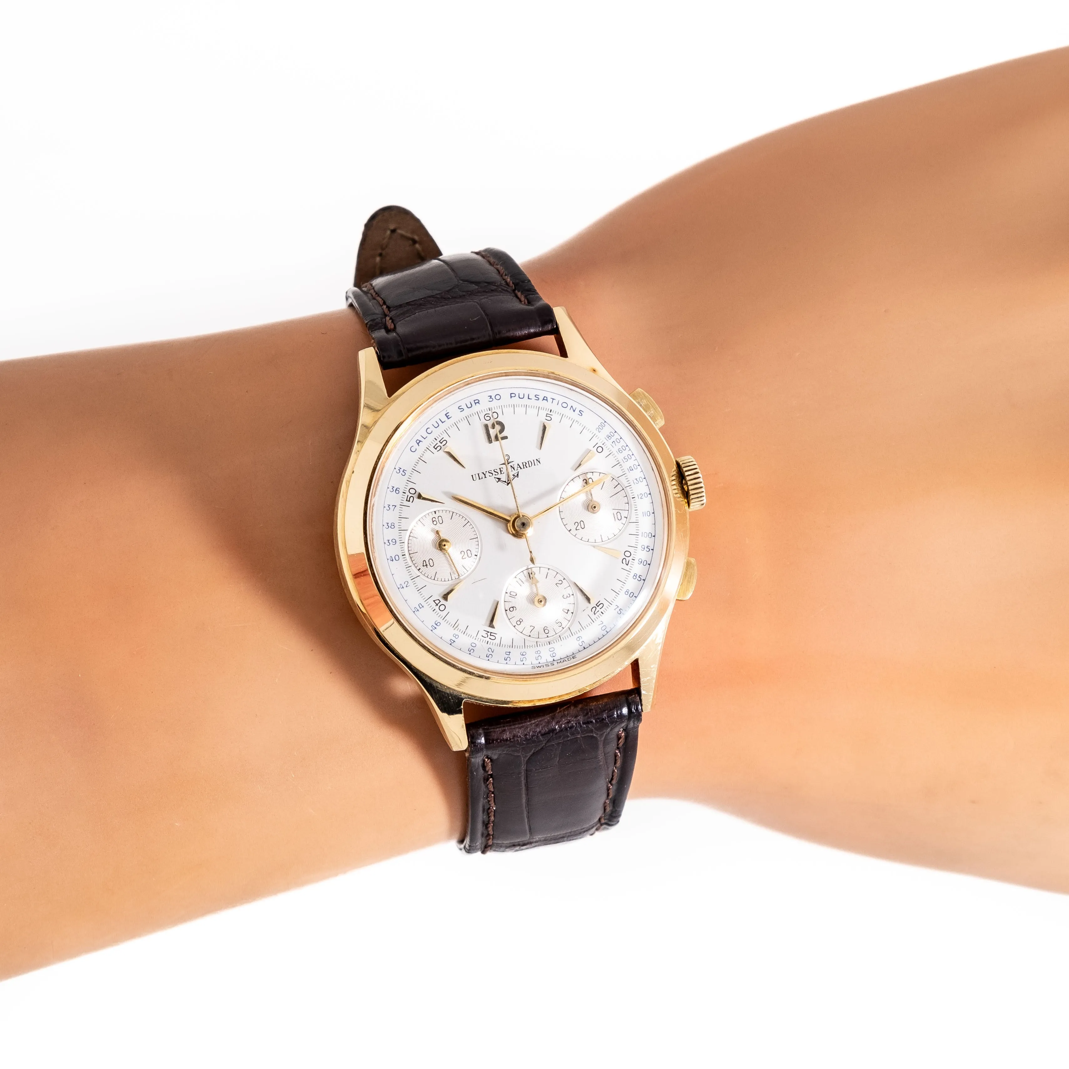 1960's Vintage Ulysse Nardin Valjoux 72 Chronograph w/ Box 18k Yellow Gold Watch (# 15281)