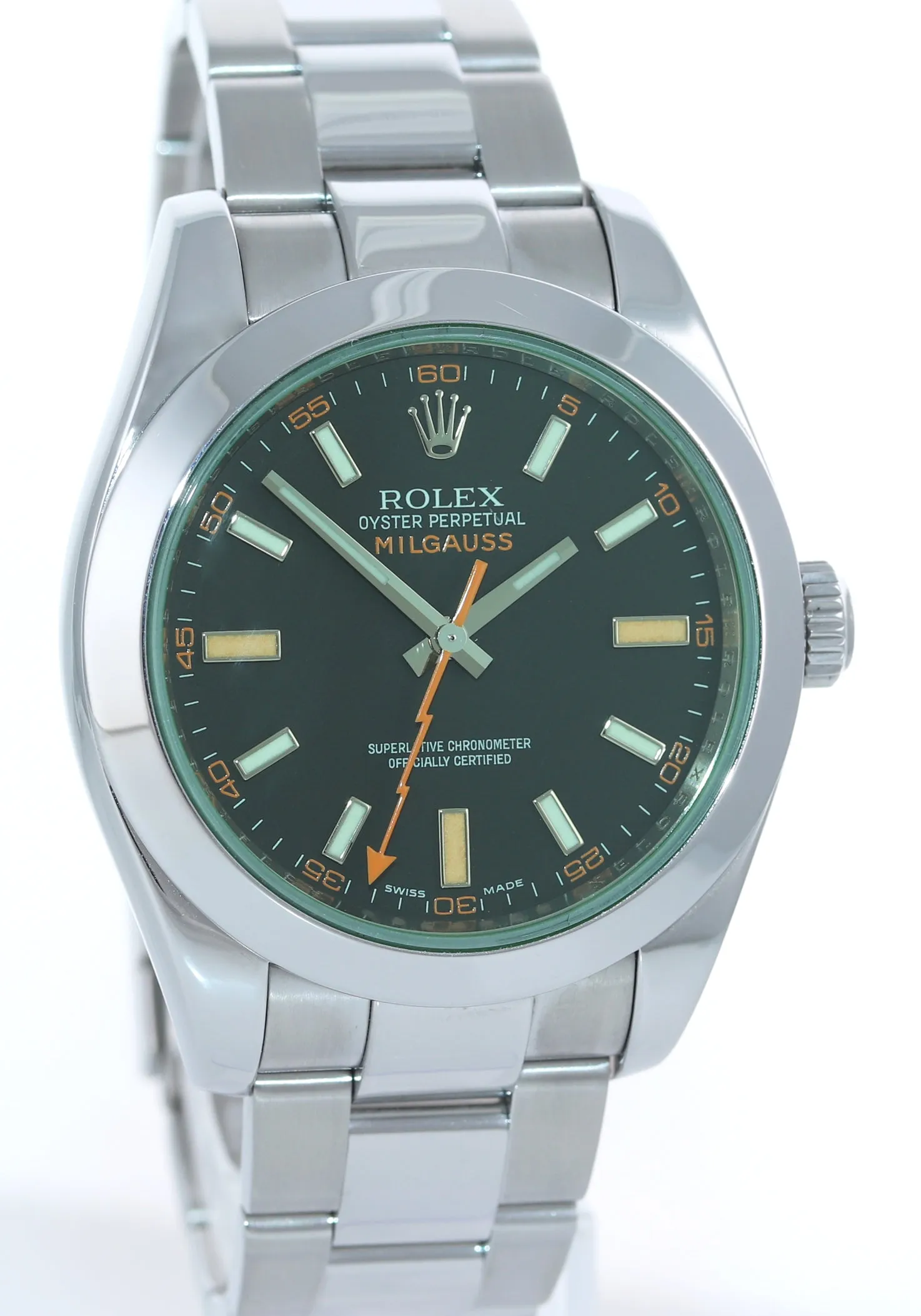 2009 MINT Rolex Milgauss Green Anniversary Orange Black 116400 GV Steel Watch Box