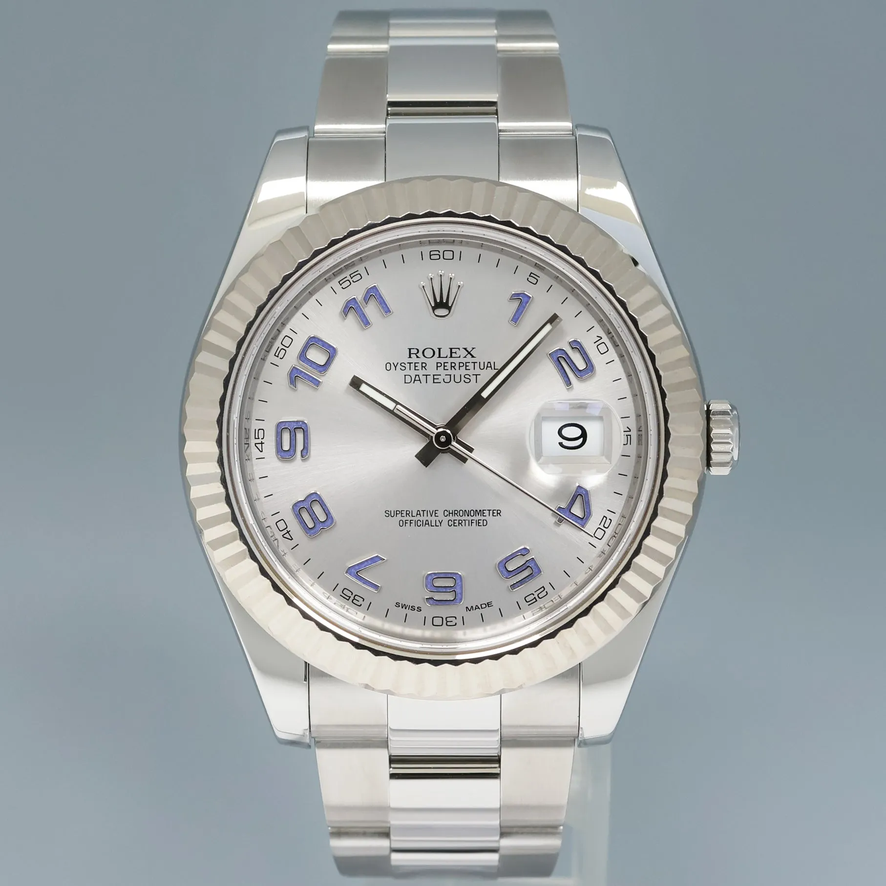 2014 MINT Rolex Datejust 2 41MM Silver Blue Arabic 116334 White Gold Fluted Watch Box