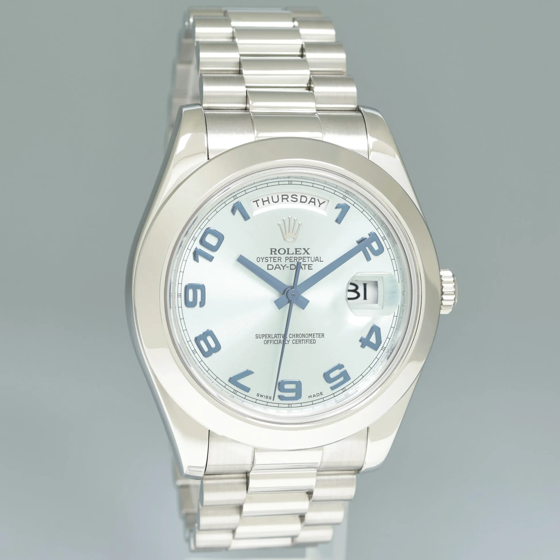 2014 MINT Rolex Day-Date 41mm Blue Arabic Numeral Platinum President 218206 Watch