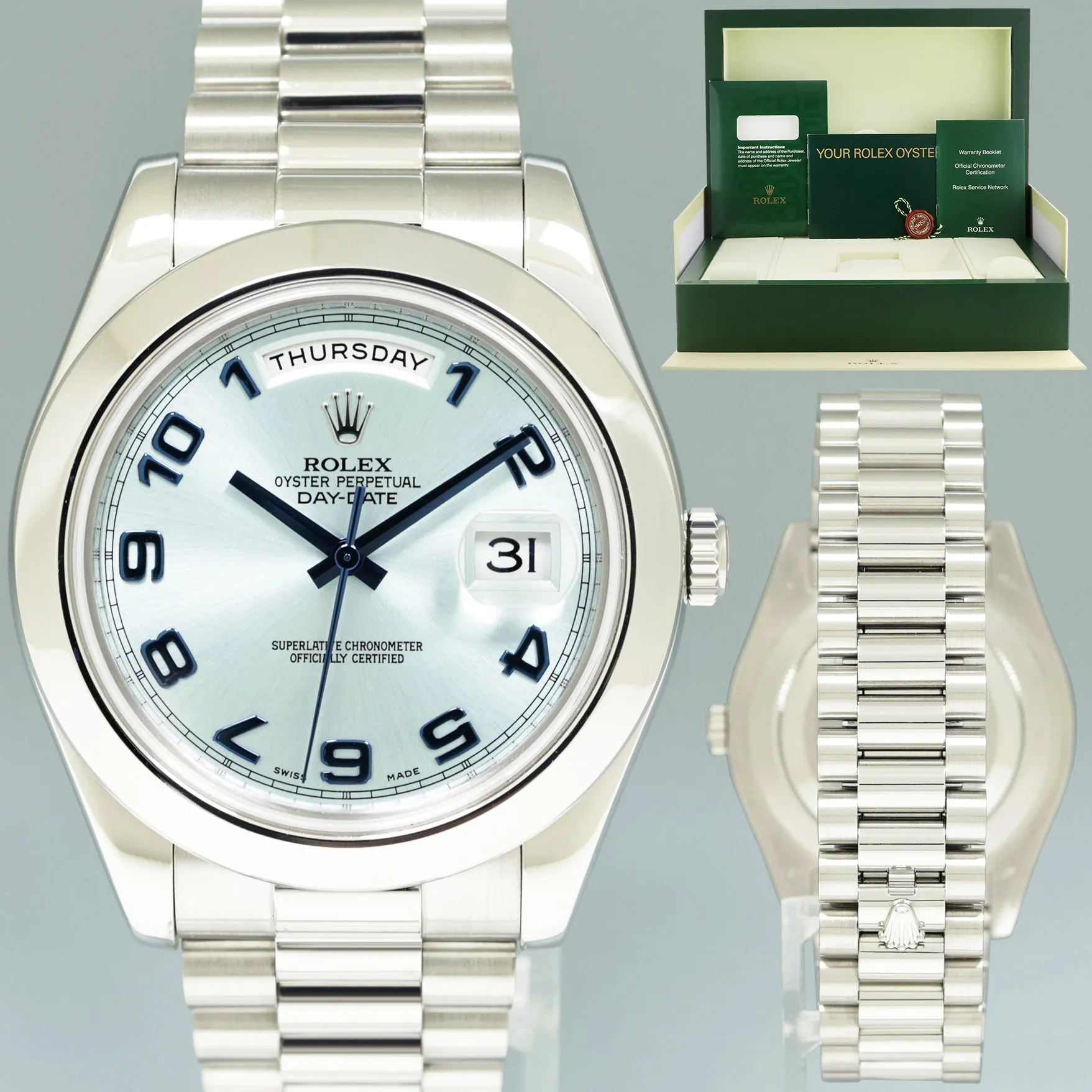 2014 MINT Rolex Day-Date 41mm Blue Arabic Numeral Platinum President 218206 Watch