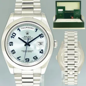 2014 MINT Rolex Day-Date 41mm Blue Arabic Numeral Platinum President 218206 Watch