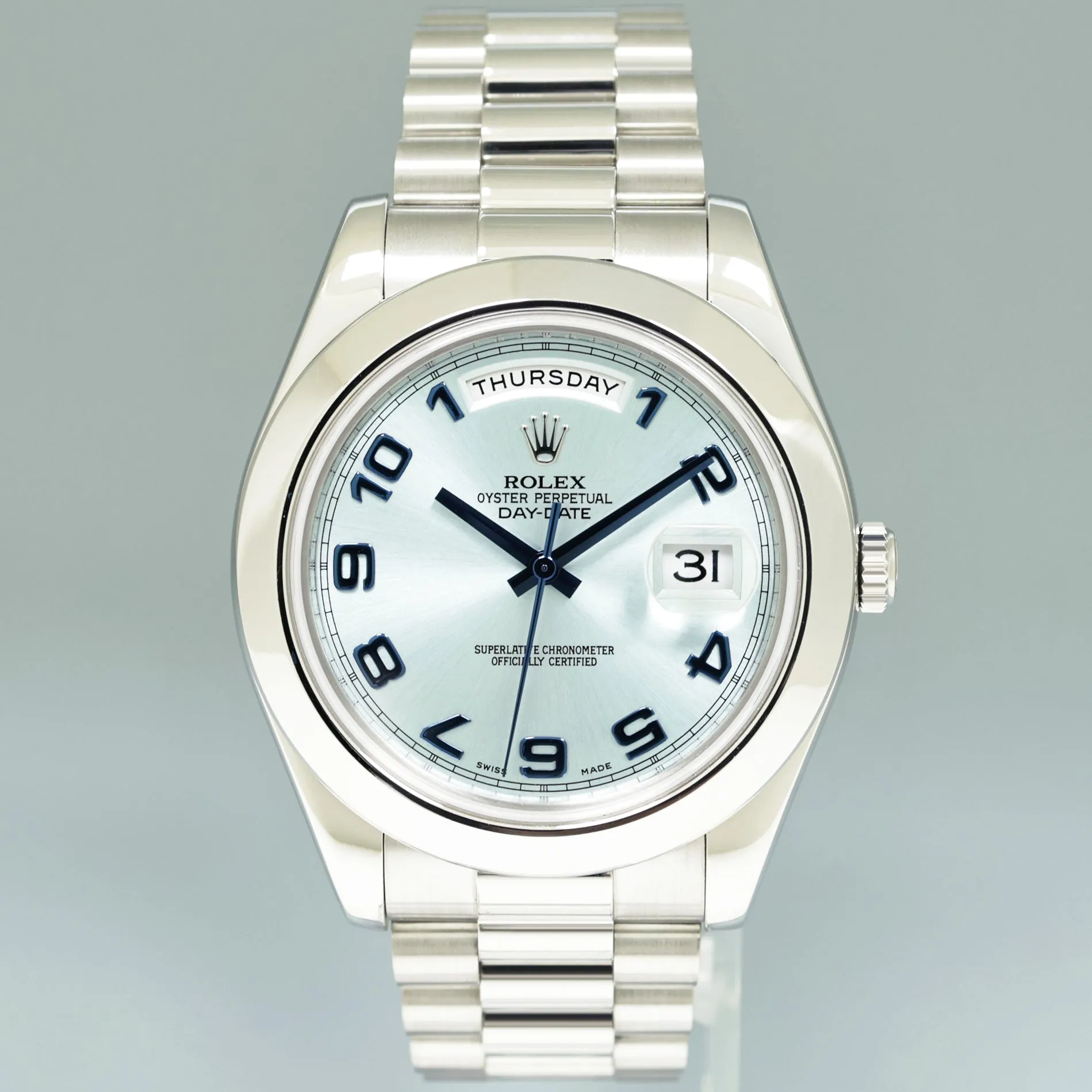 2014 MINT Rolex Day-Date 41mm Blue Arabic Numeral Platinum President 218206 Watch