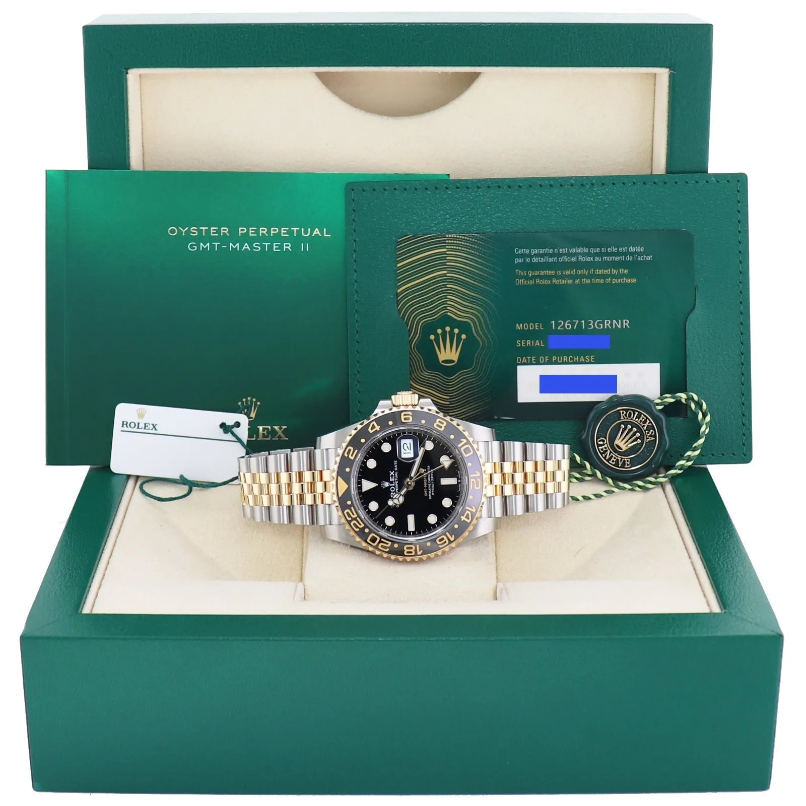2023 NEW PAPERS Rolex GMT Master Gold Two Tone Jubilee Black 126713 GRNR Watch Box