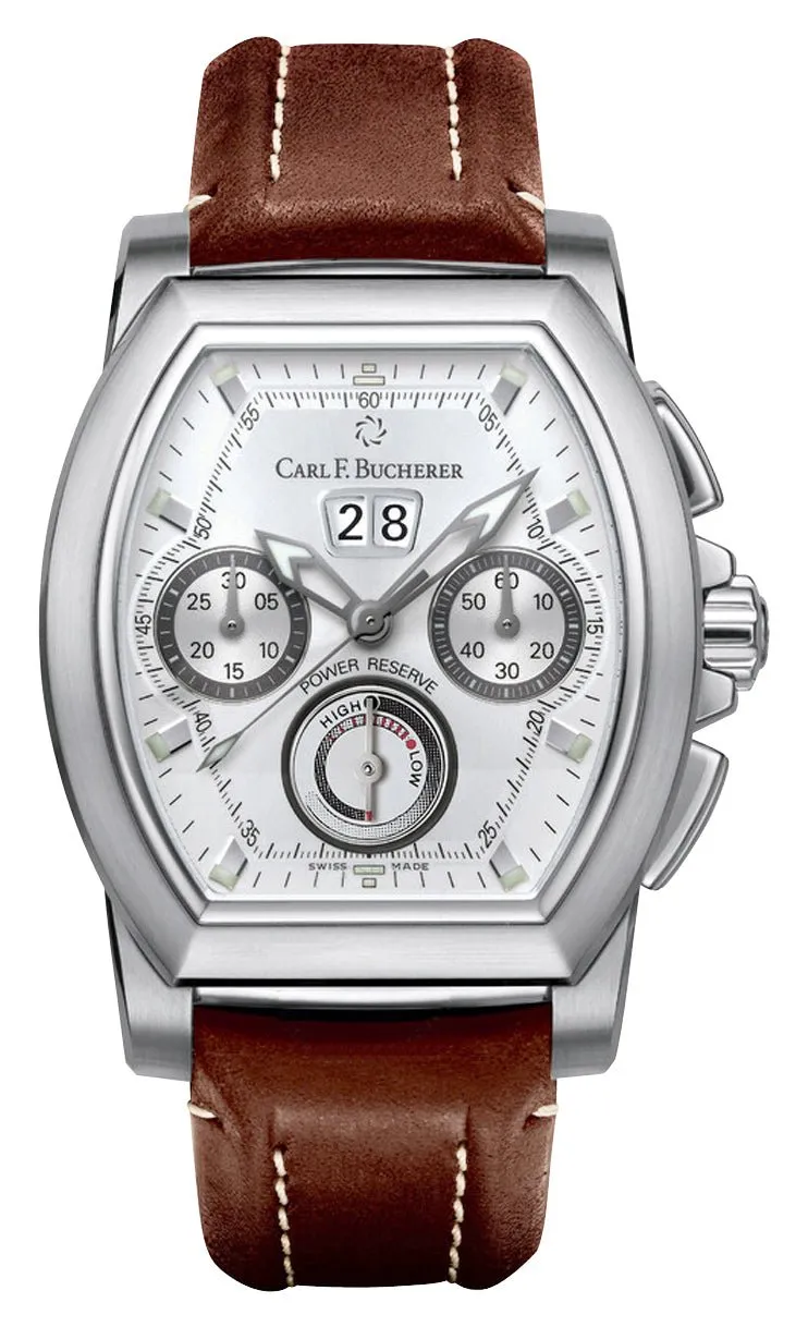Carl F. Bucherer Patravi T-Graph Automatic Chronograph Stainless Steel Silver Dial Brown Leather Strap Date Power Reserve Mens Watch 00.10615.08.13.01
