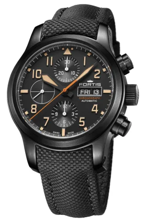 Fortis Aeromaster Stealth Automatic Chronograph Black PVD Black Dial Black Textile Strap Day/Date Divers Mens Watch F4040003
