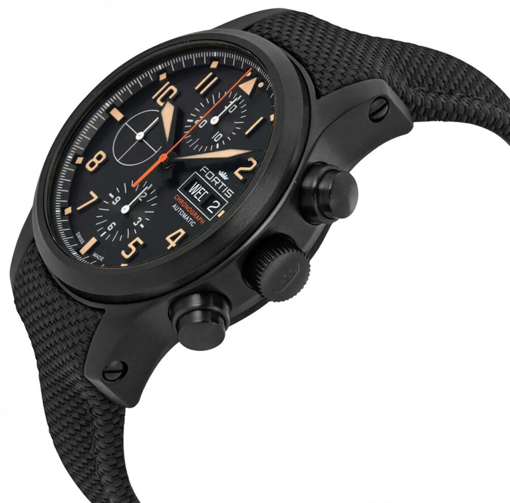 Fortis Aeromaster Stealth Automatic Chronograph Black PVD Black Dial Black Textile Strap Day/Date Divers Mens Watch F4040003