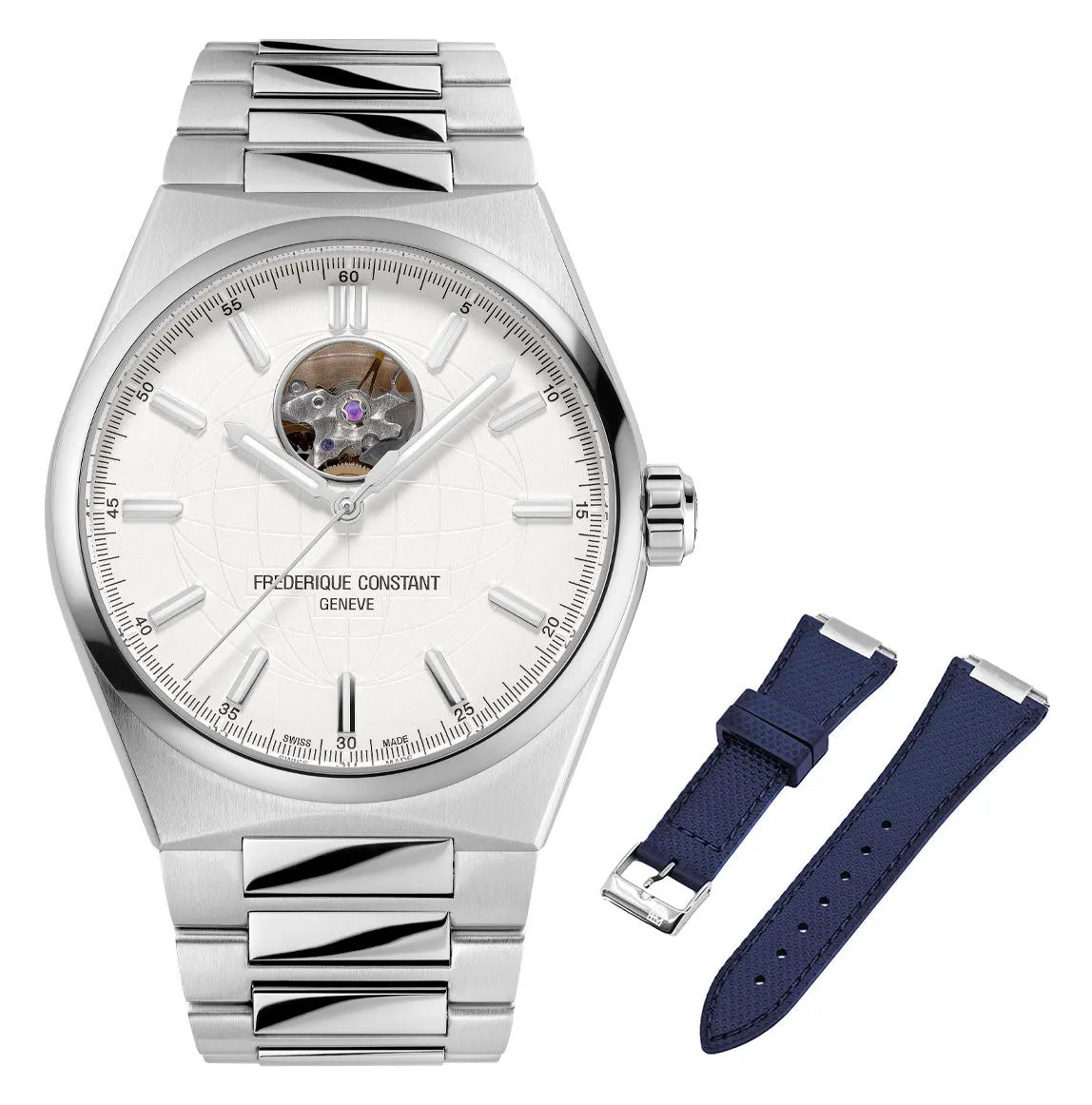 Frederique Constant Highlife Heartbeat Automatic Stainless Steel Silver Dial Interchangeable Blue Rubber Strap Mens Watch FC-310S4NH6B