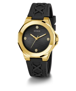 GUESS Ladies Black Gold Tone Analog Watch