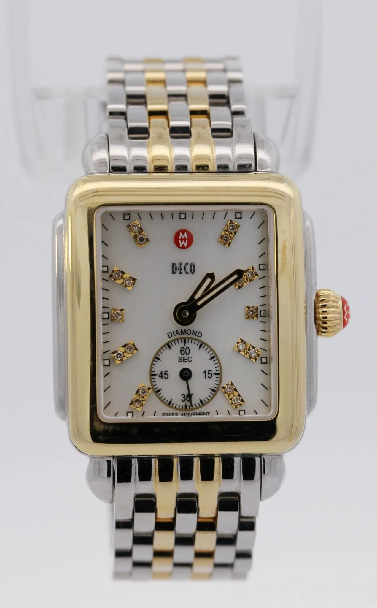 Michele Deco Mid Two-Tone Steel Diamond Mother of Pearl Dial Rectangle Womens Watch MWW06V000042
