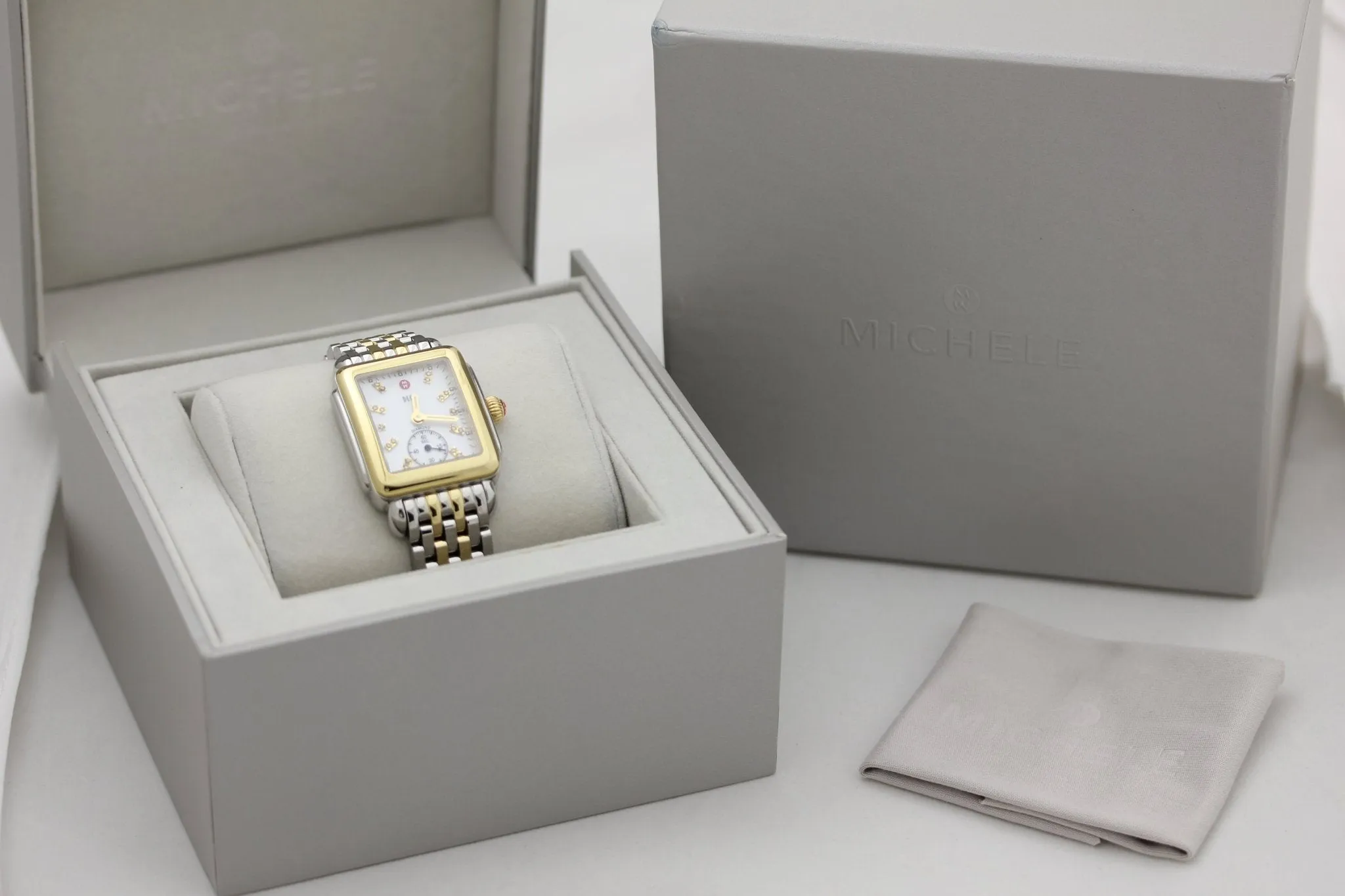 Michele Deco Mid Two-Tone Steel Diamond Mother of Pearl Dial Rectangle Womens Watch MWW06V000042