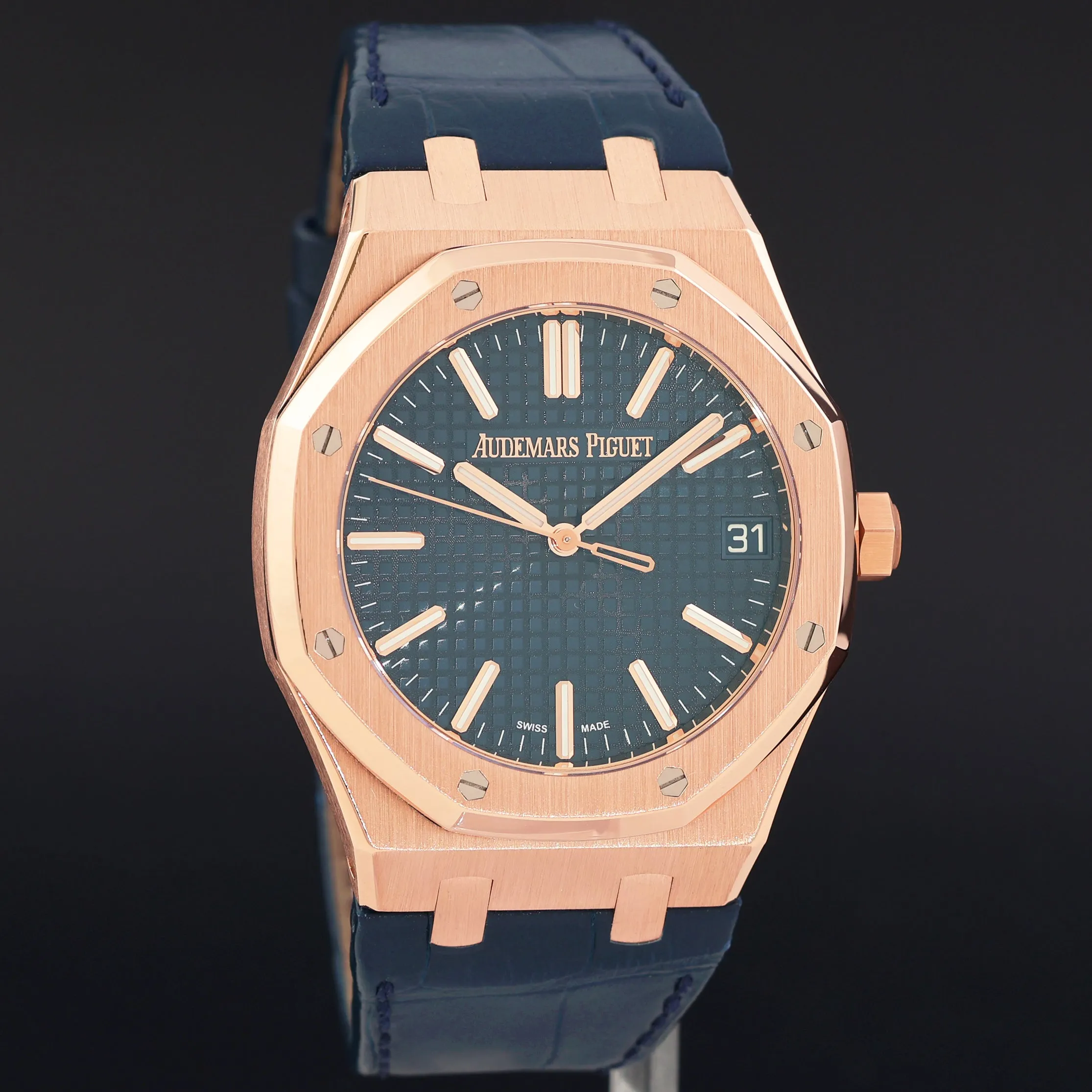 MINT Audemars Piguet Royal Oak 41mm Leather 15510OR Blue Dial Rose Gold Watch Box