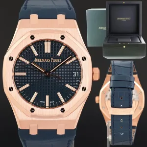 MINT Audemars Piguet Royal Oak 41mm Leather 15510OR Blue Dial Rose Gold Watch Box
