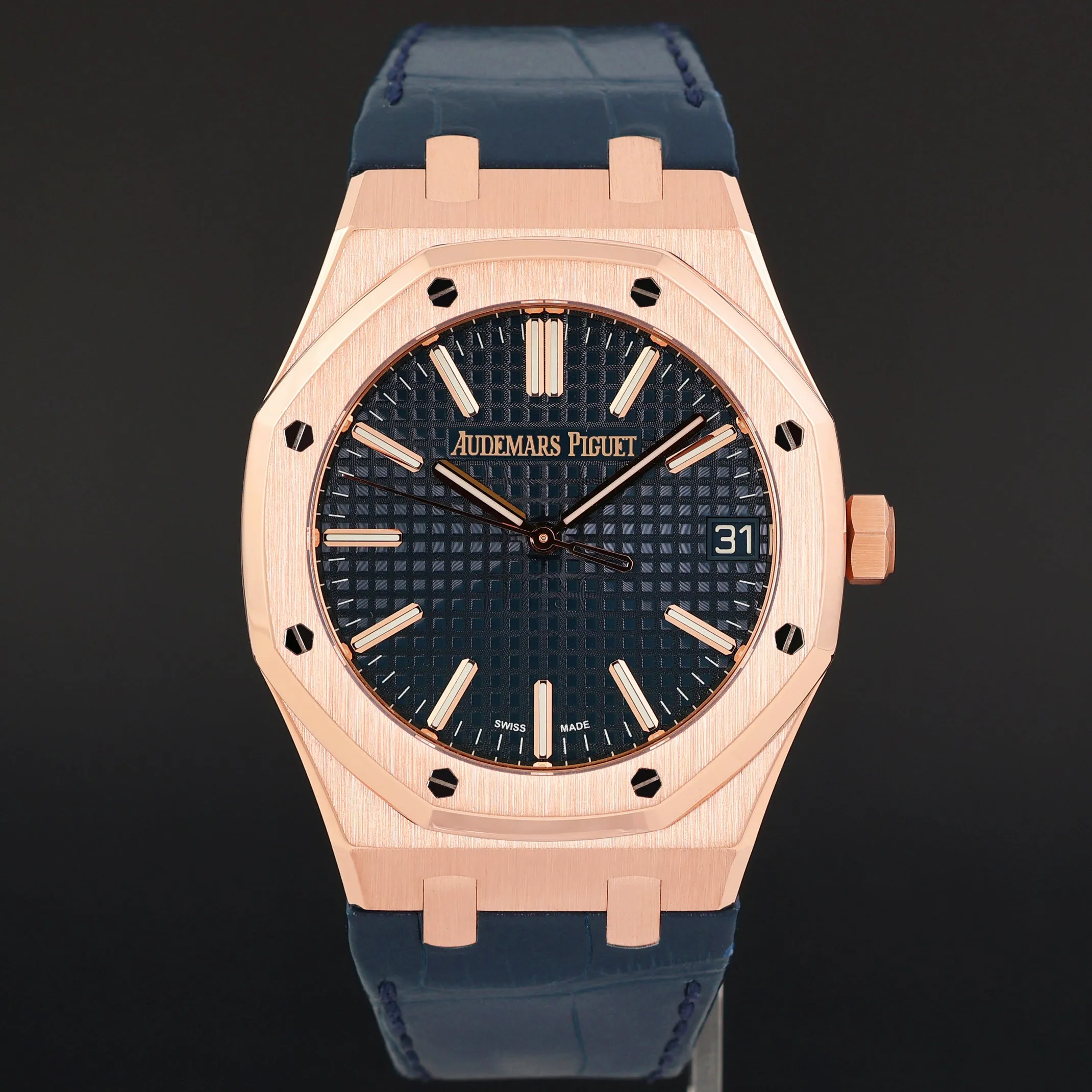 MINT Audemars Piguet Royal Oak 41mm Leather 15510OR Blue Dial Rose Gold Watch Box