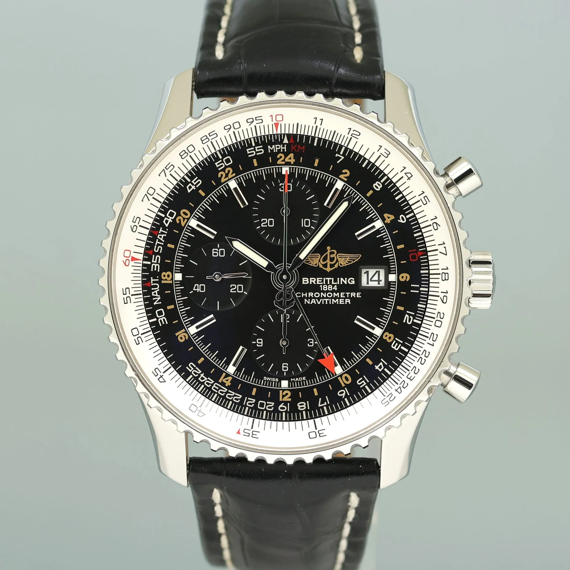 MINT Breitling Navitimer World A24322 46mm Black Steel Chrono GMT Watch