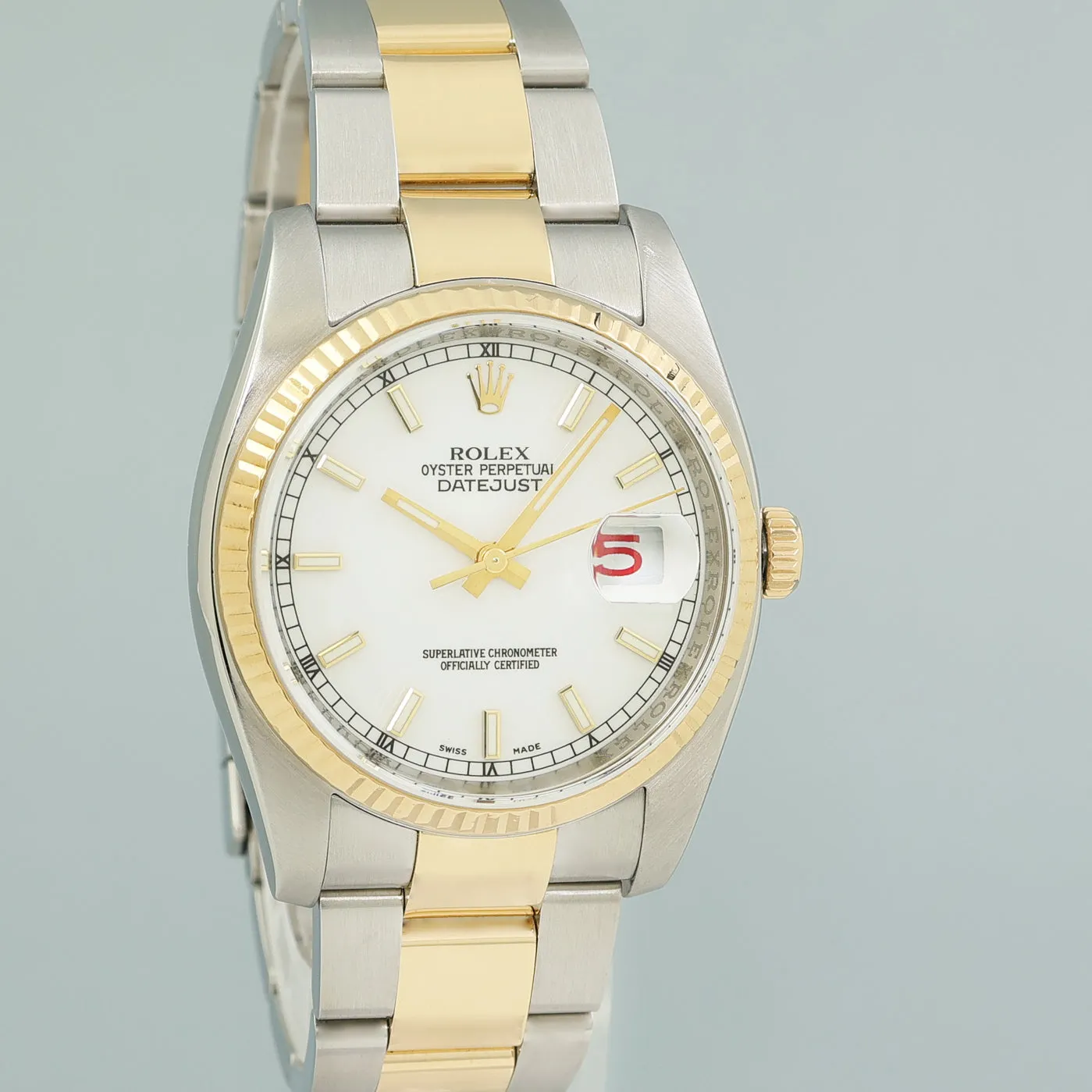 MINT Rolex DateJust Oyster Two Tone Yellow Gold Steel White Stick 36mm 116233 Watch
