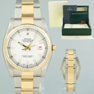 MINT Rolex DateJust Oyster Two Tone Yellow Gold Steel White Stick 36mm 116233 Watch