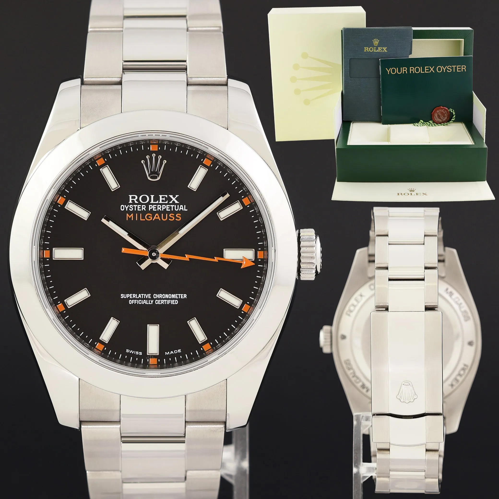 MINT Rolex Milgauss 40mm Orange Black 116400 Stainless Steel Watch Box