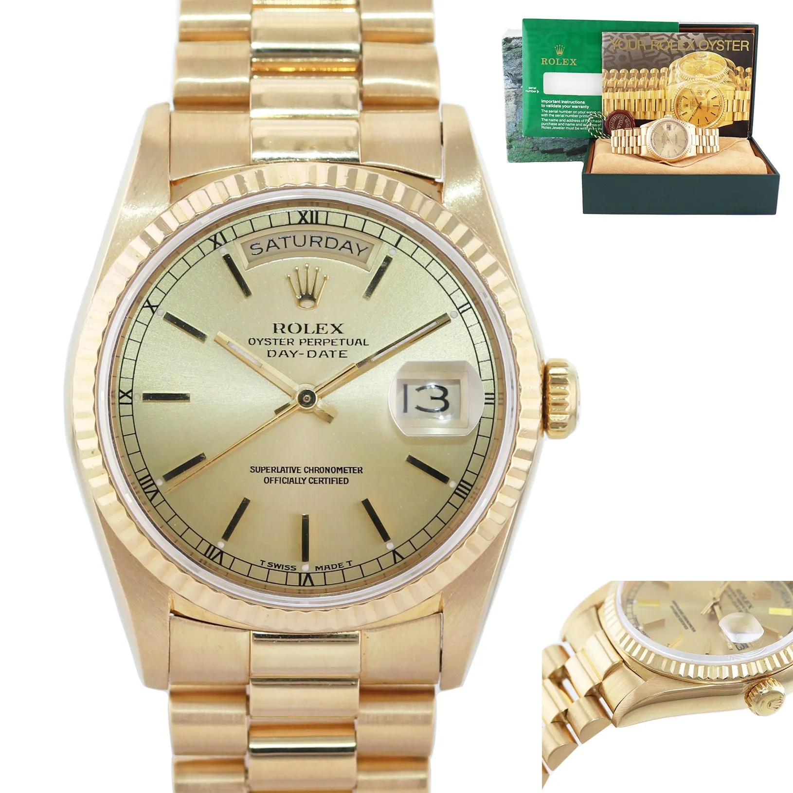 MINT Rolex President Champagne Stick Yellow Gold Double Quickset 18238 Watch Box
