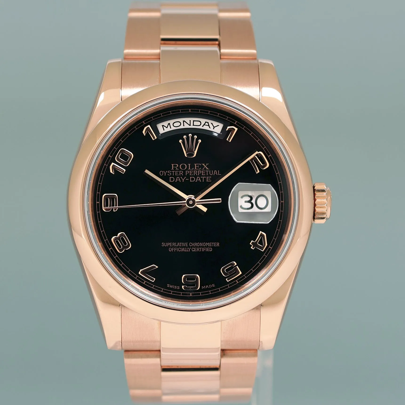 MINT Rolex President Day Date Rose Gold 118205 Black Arabic 36mm Watch Box