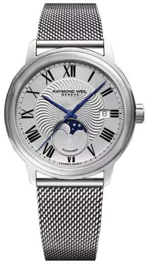 Raymond Weil Maestro Automatic Stainless Steel Mesh Silver Dial Moonphase Date Mens Watch 2239M-ST-00659