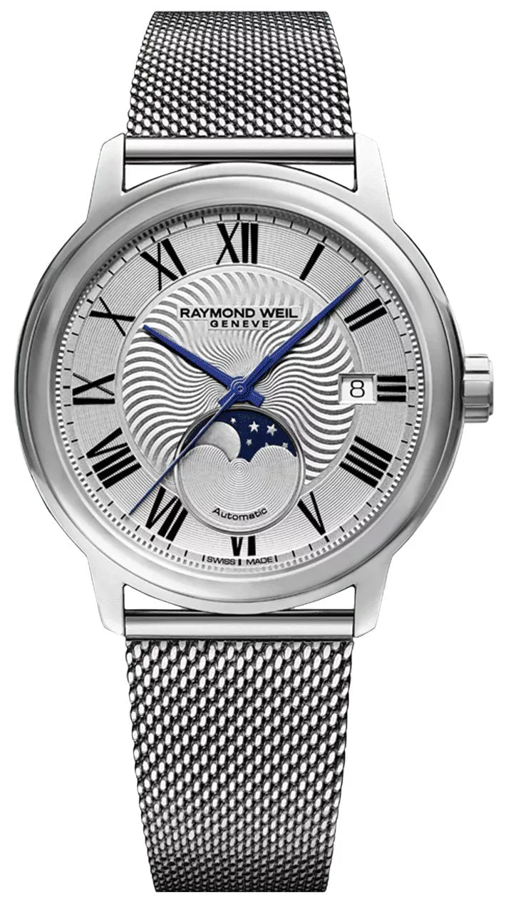 Raymond Weil Maestro Automatic Stainless Steel Mesh Silver Dial Moonphase Date Mens Watch 2239M-ST-00659