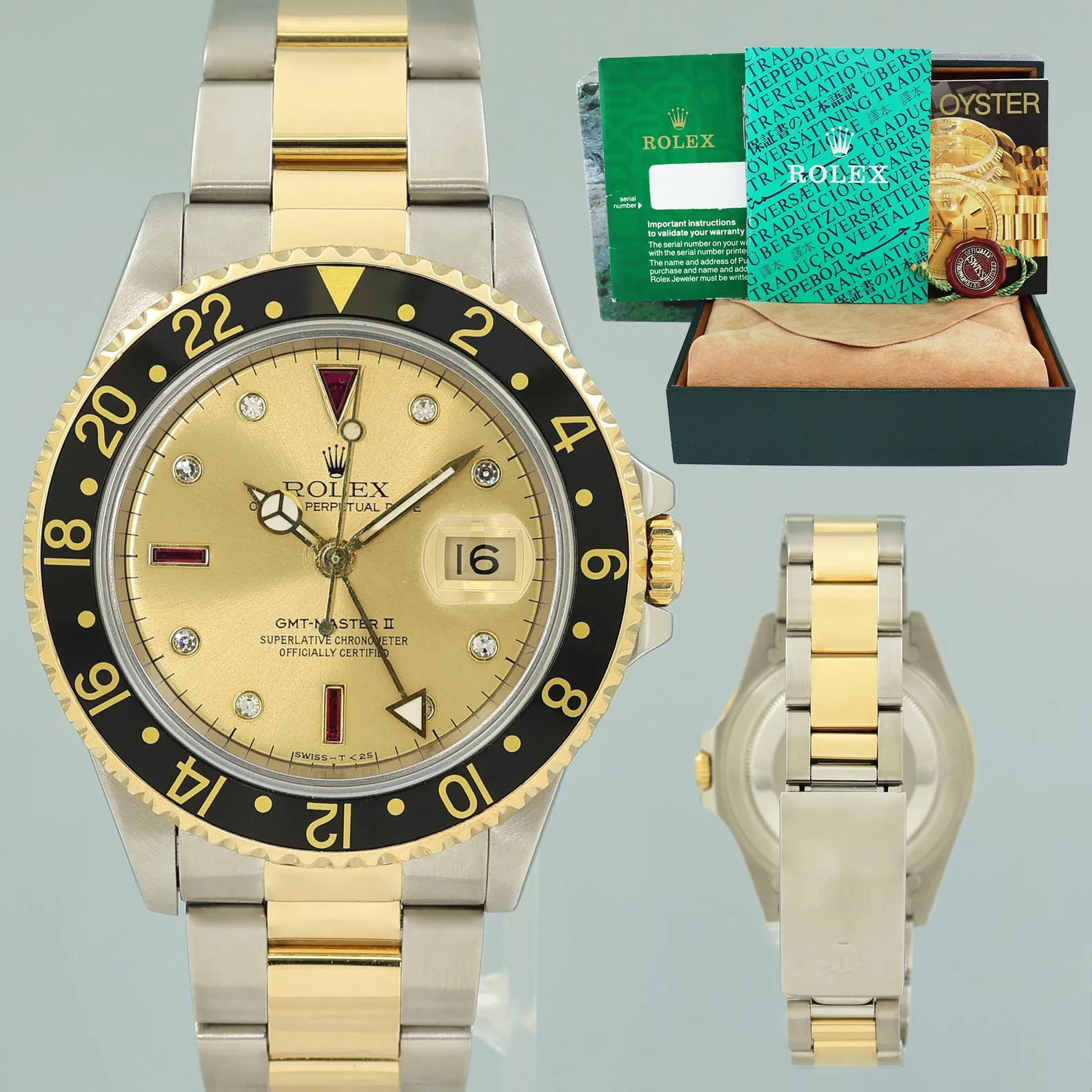 Rolex GMT-Master 2 16713 Two-Tone Yellow Gold Champagne Serti Ruby Diamond Watch