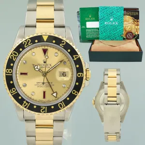 Rolex GMT-Master 2 16713 Two-Tone Yellow Gold Champagne Serti Ruby Diamond Watch