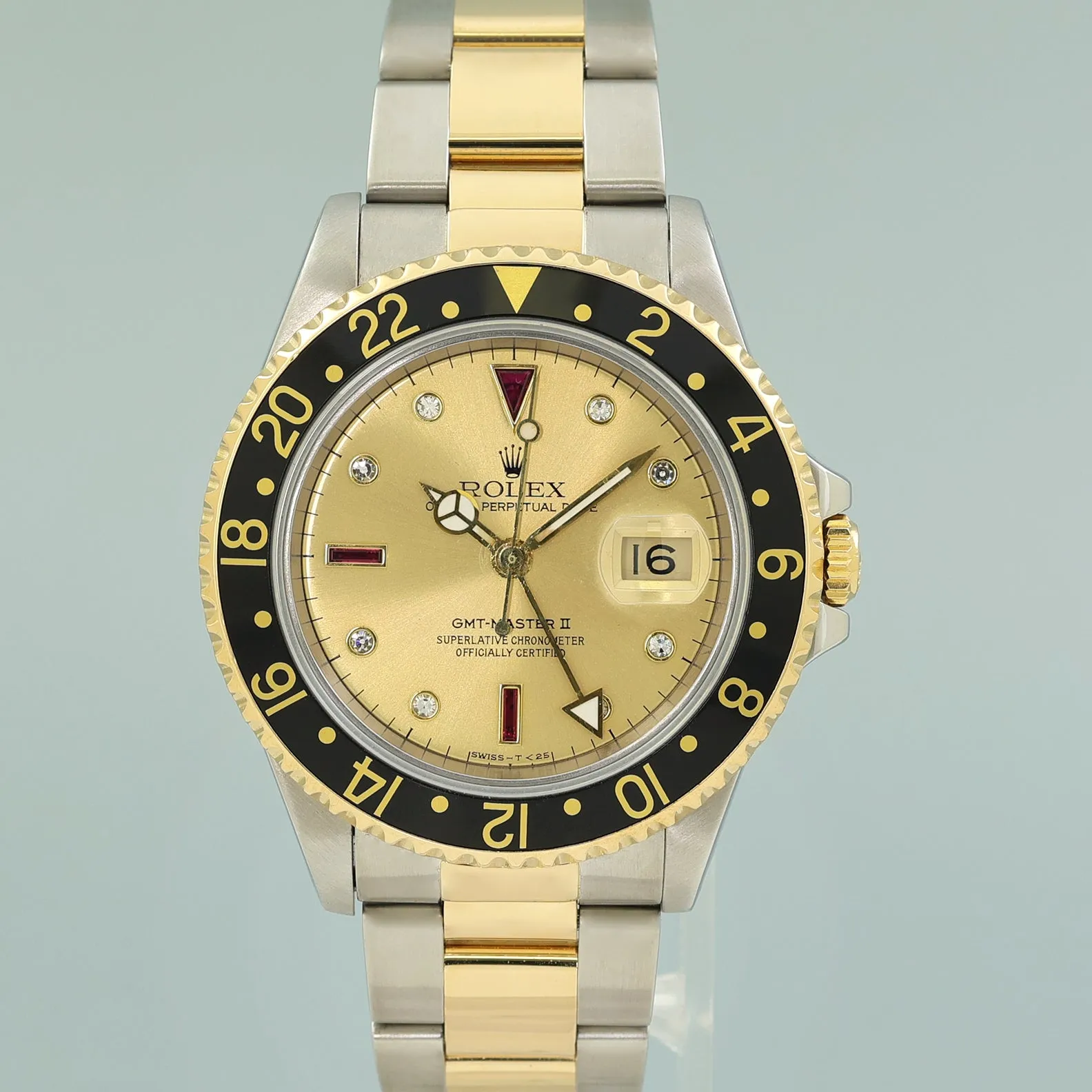Rolex GMT-Master 2 16713 Two-Tone Yellow Gold Champagne Serti Ruby Diamond Watch